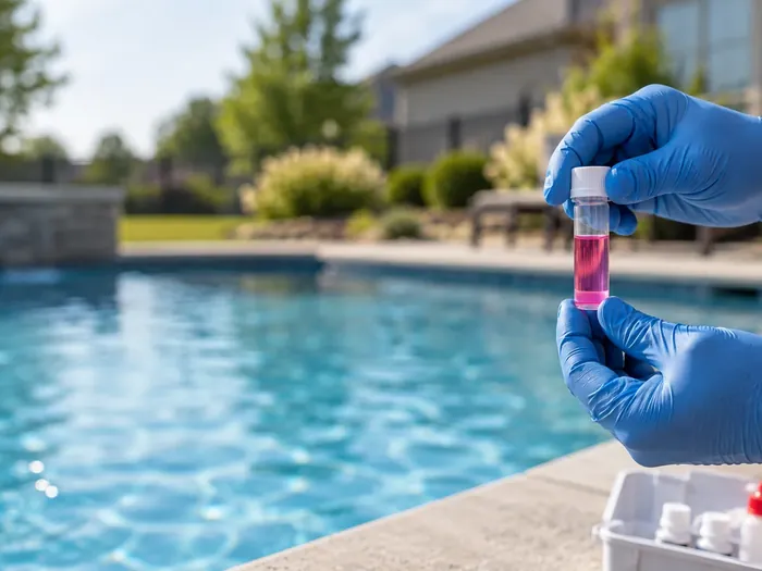 A pool skimmer basket lifted out and a water test vial held over a clear pool, no people