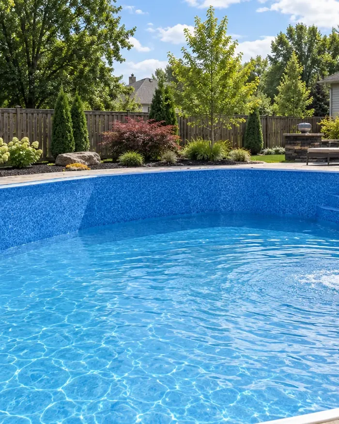 A clear backyard pool with the water still and the deck swept