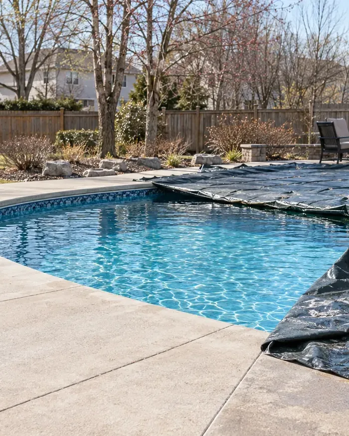 A pool restored to clear blue water after a green cleanup